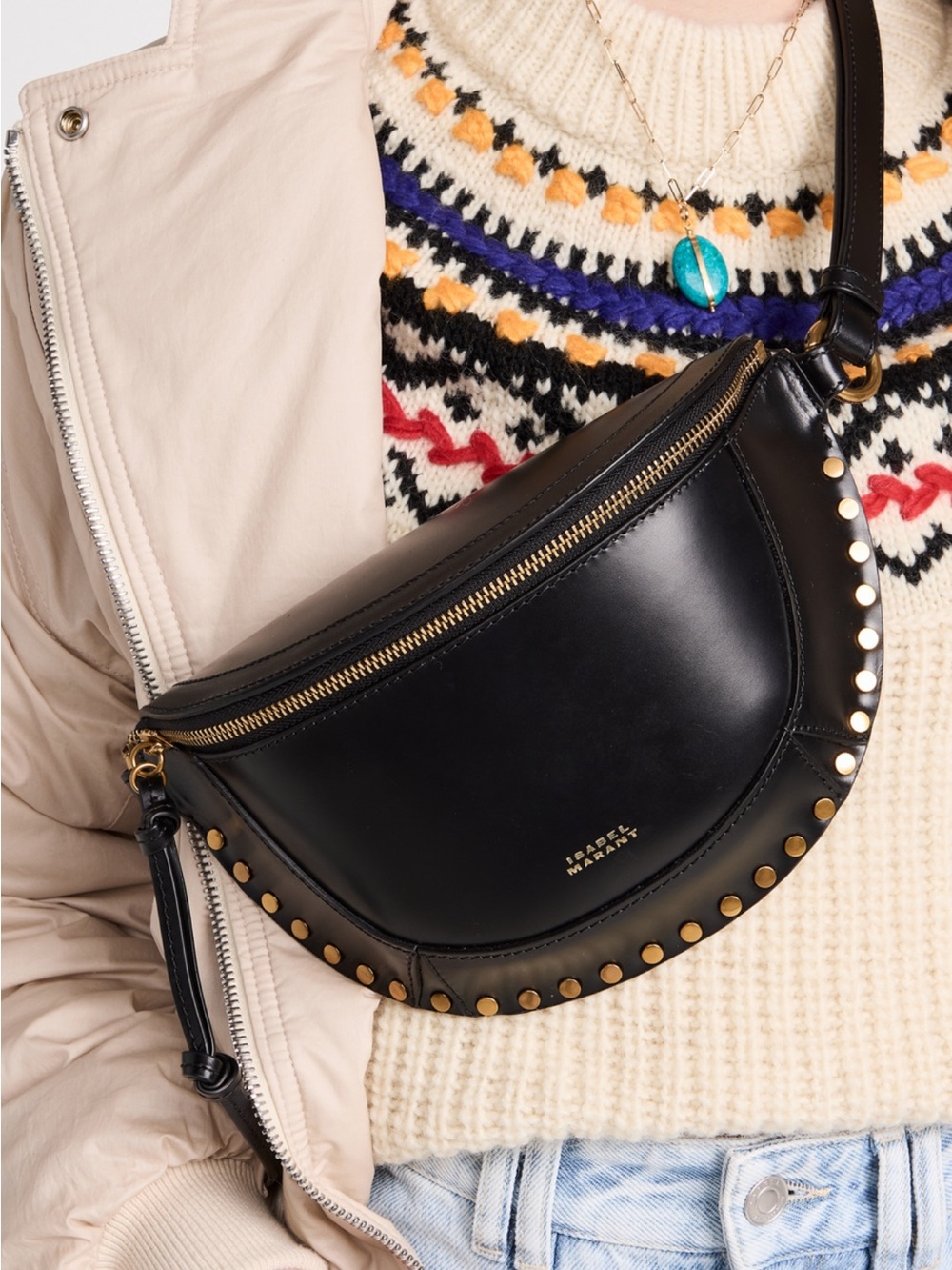 Isabel Marant Black Leather Crossbody Bag with Gold Studs - Picture 4 of 7